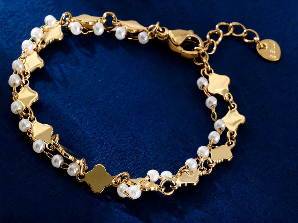 Bracelet Double Rang — Trèfles Dorés & Perles Nacrées | Les Basiques de ZORVAE