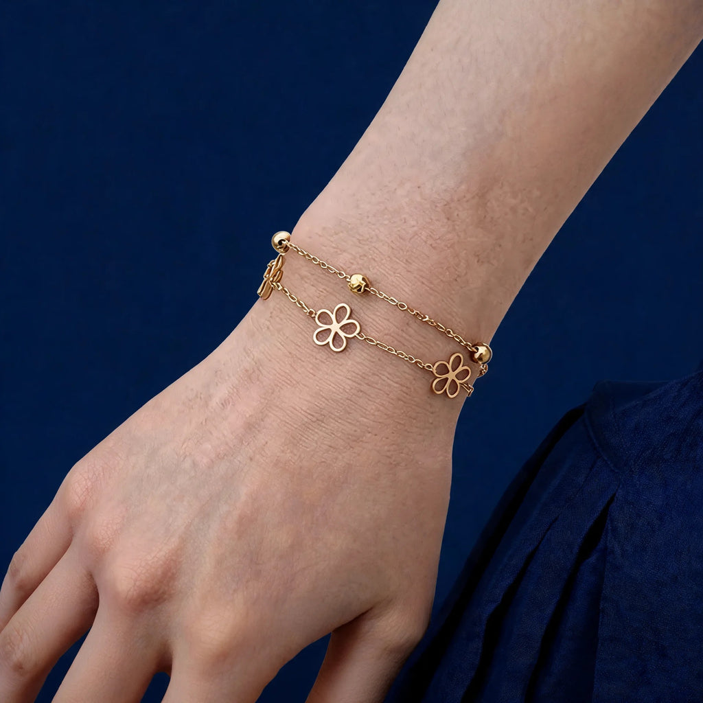 Bracelet Double Rang Fleurs Dorées
