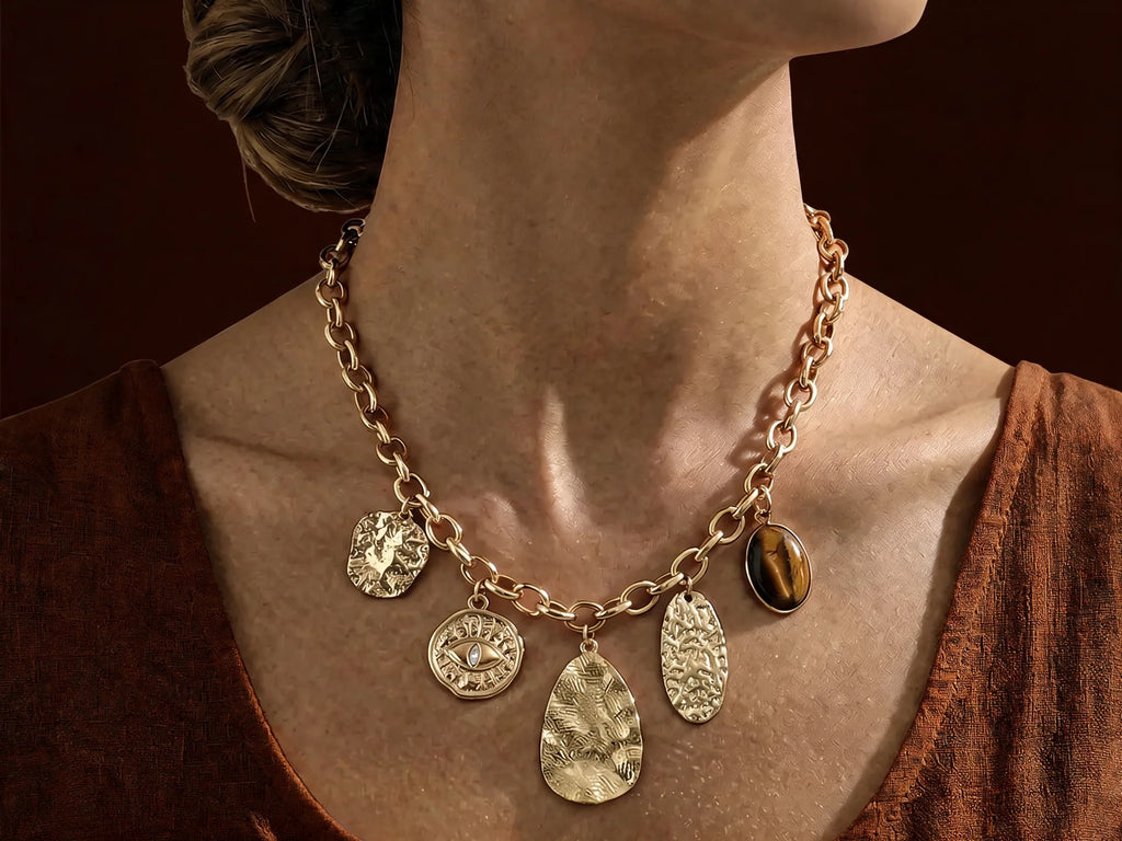 Collier Chaîne Grosse Maille — Médailles & Œil Protecteur | Collection Martelée