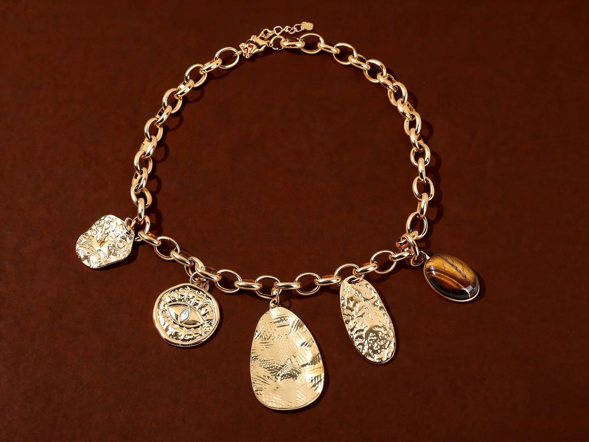 Collier Chaîne Grosse Maille — Médailles & Œil Protecteur | Collection Martelée