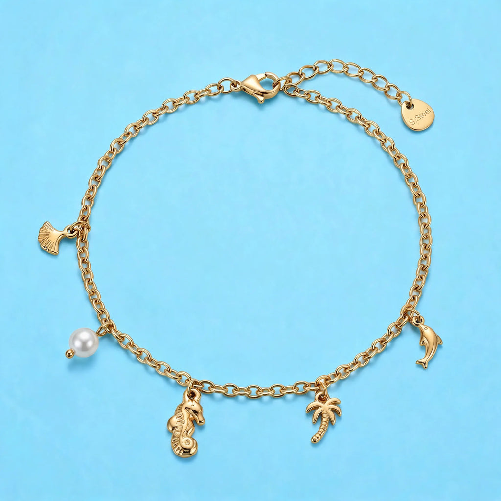 Bracelet de Cheville Doré avec Hippocampe, Palmier & Dauphin — Collection Océan