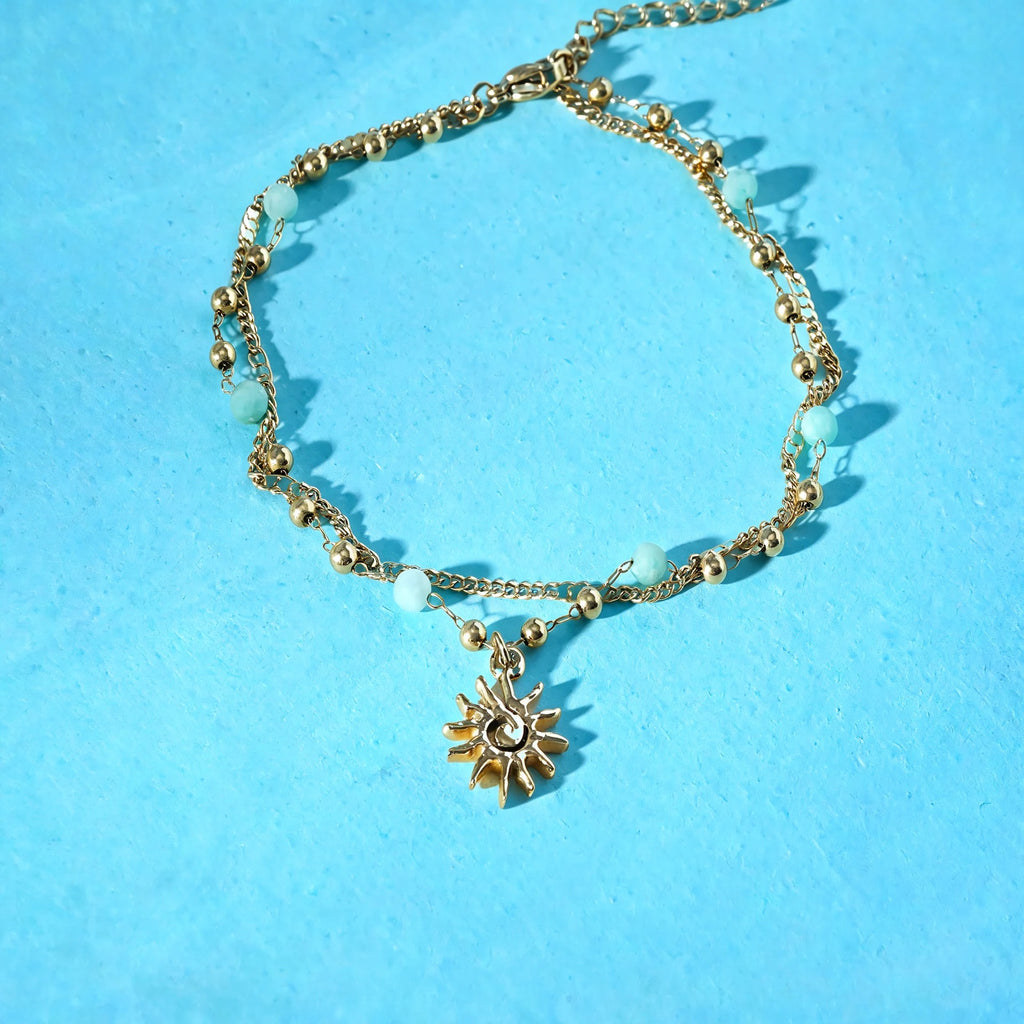 Bracelet de Cheville Double Rang — Perles Turquoise & Charm Soleil