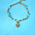 Bracelet de Cheville Double Rang — Perles Turquoise & Charm Soleil