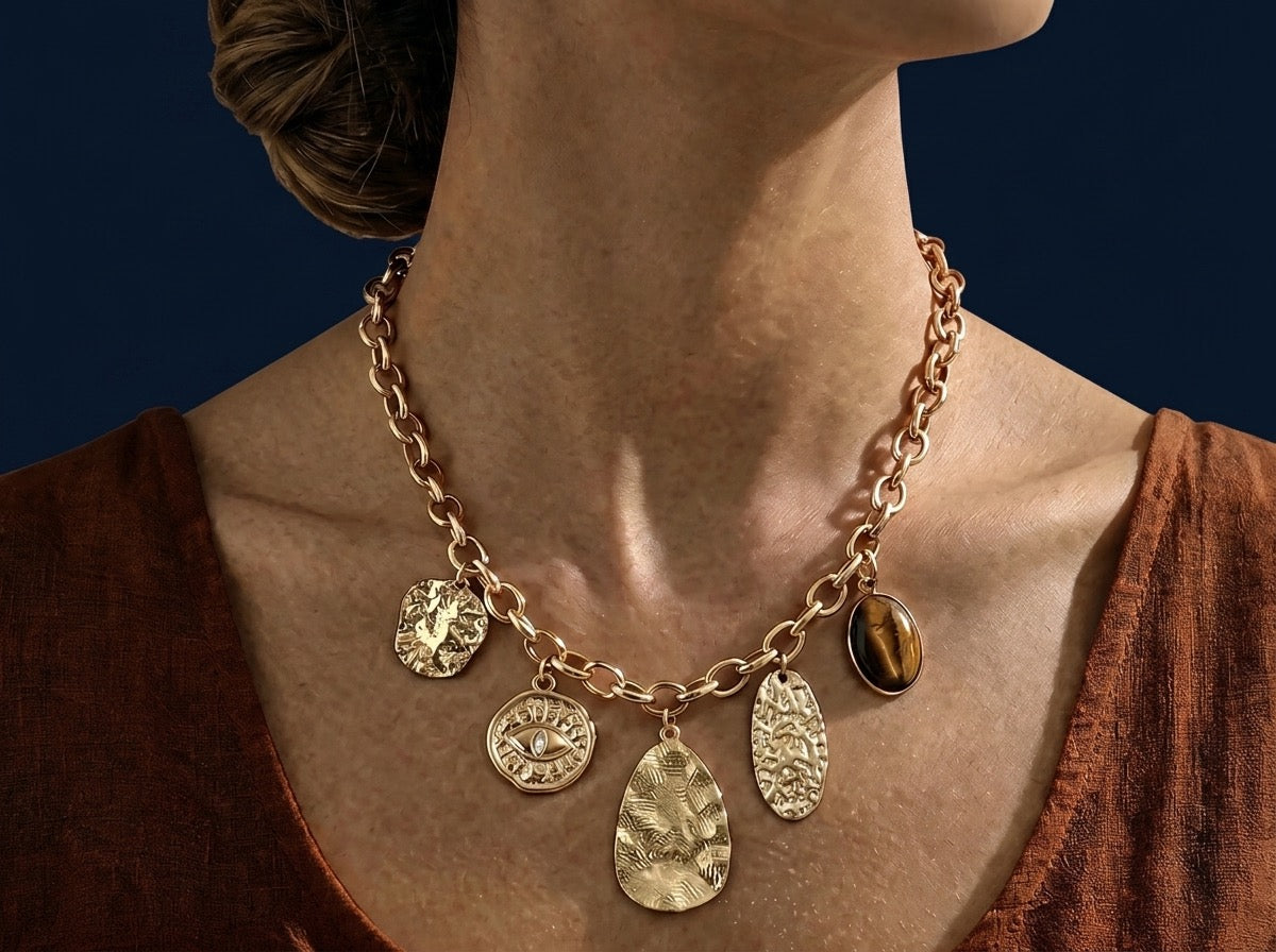 Collier Chaîne Grosse Maille — Médailles & Œil Protecteur | Collection Martelée